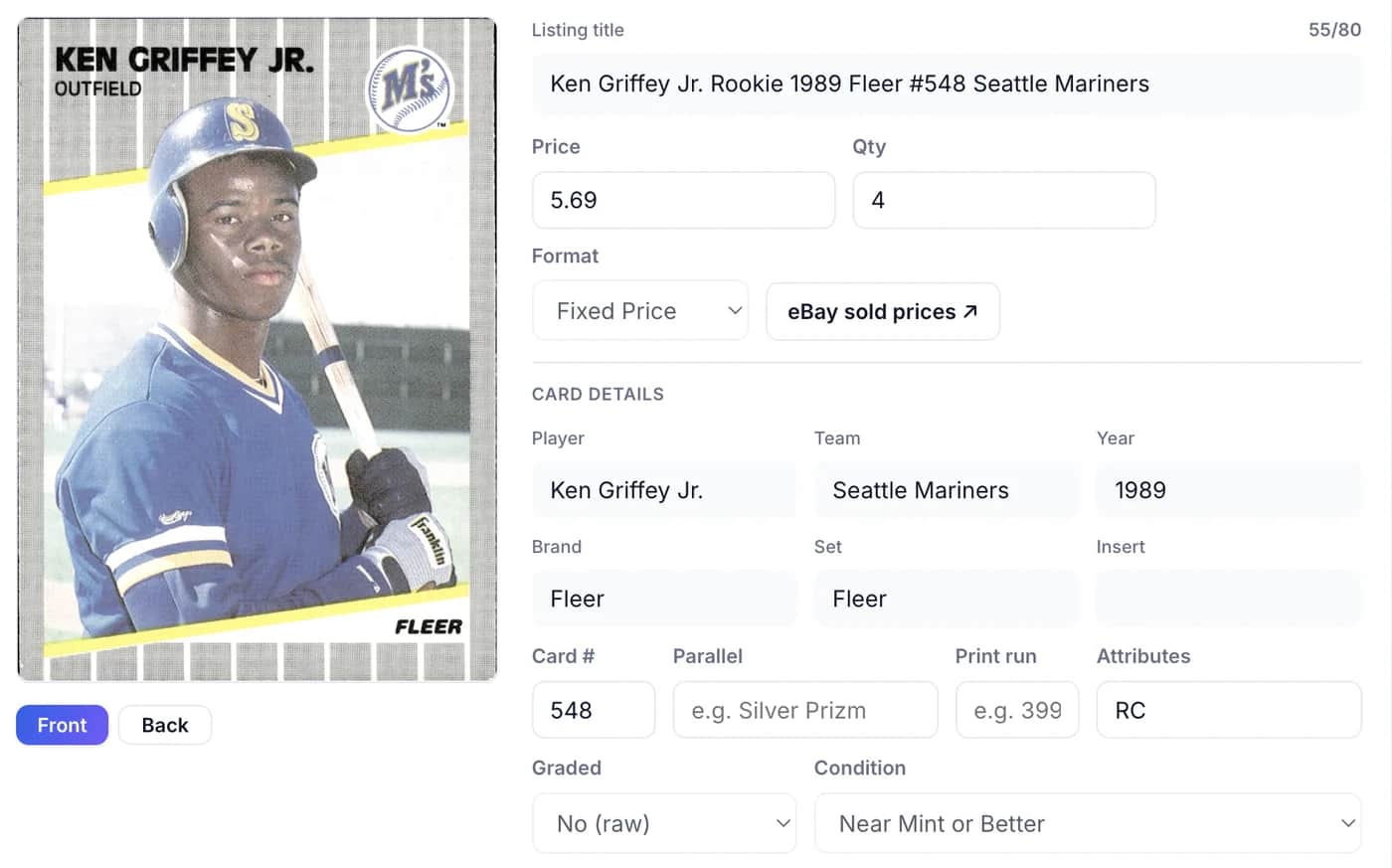 Single-card listing example with a Ken Griffey Jr. card and its listing details